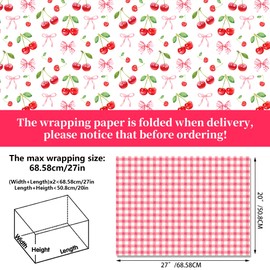 12 Sheets Cherry Wrapping Paper, 6 Styles Watercolor Cherry Patterns Gifts Wrap Paper Folded Flat Craft Wrapping Paper for Birthday Wedding Baby Shower Party Supplies,19.7'' x 27.6''