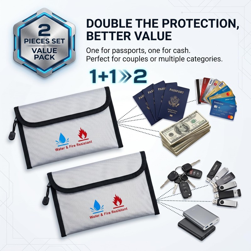 ZQZXD 2 Pack Fireproof Money Bag (7.8" x 5.1") |