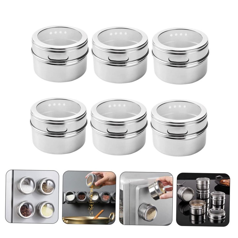 KICHOUSE Modern 6pcs Stainless Steel Spice Tin Magnetic Salt Pepper