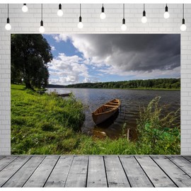 CORFOTO 6x4ft Fabric Lakeside Boat Photo Backdrop Green Forest Lakeside River Nature Scenery Lake Canoe Background Fishing Theme Party Decorations Studio Booth Photo Props