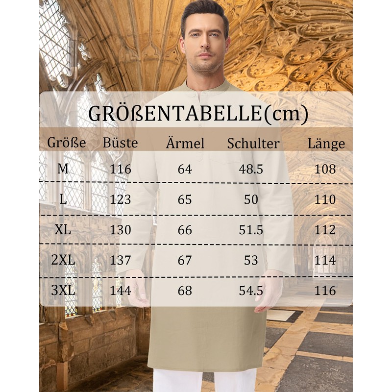 LVCBL Kaftan Men's Muslim Robe Neck Long Sleeve Kaftan Button