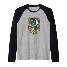 Aesthetic Goblincore and dark Cottagecore Mushroom Moon Bird Raglan Baseball Tee