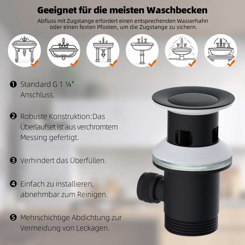 Hibbent Universal Drain Fitting, Pop-Up Valve for Sinks and Washbasins