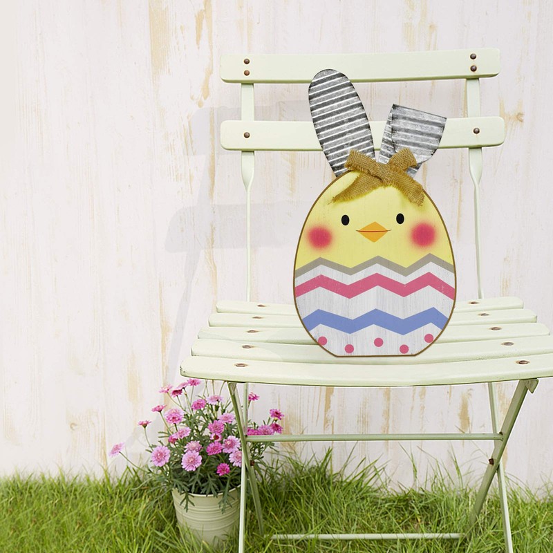 K KILIPES Easter Wood Bunny Sign Table Top Colorful Egg