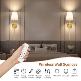 Battery Operated Wall Sconces Set of 2, Gold Rechargeable Wall Lamps with 2500mAh Magnet Detachable and Remote Bulbs, 12 RGB Colors & 3 Color Temperatures, Dimmable Wireless Wall Lights for Bedroom
