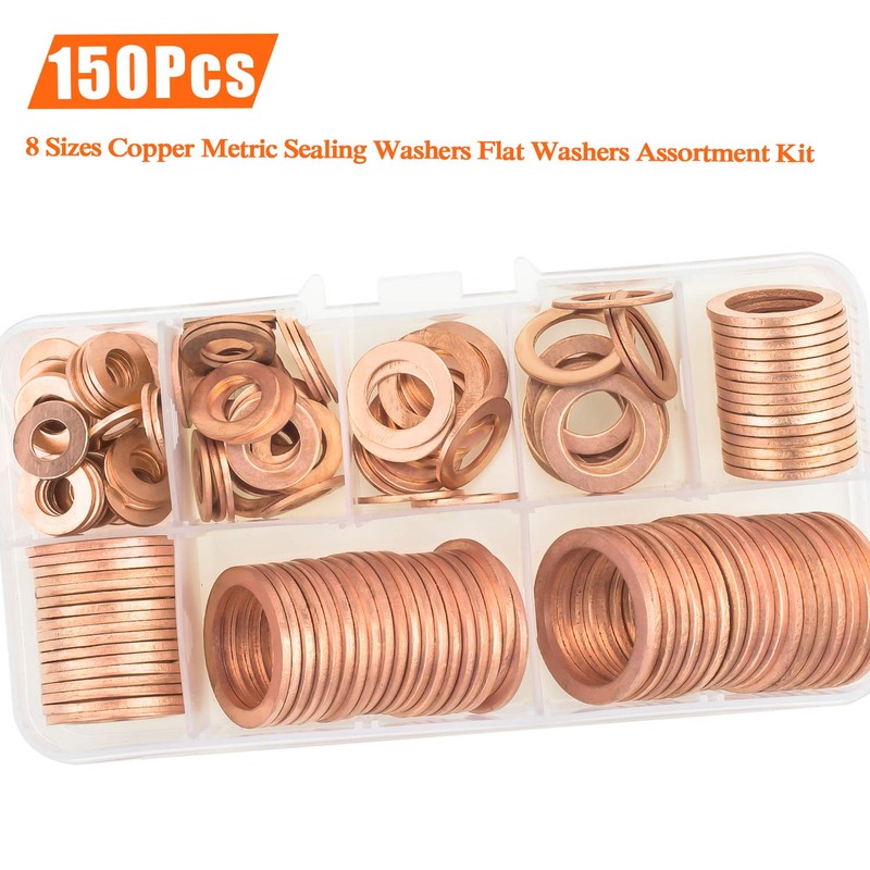 HELIFOUNER Copper Washers, 150PCS 8 Sizes Copper Metric Sealing Washers