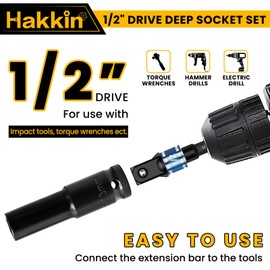 Hakkin 1/2 inch Drive Impact Socket Set 13mm Deep 6-Point Impact Socket and 1/4" Hex Shank to 1/2" Drive Adapter Heavy Duty Chrome Vanadium Steel
