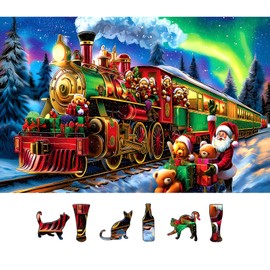 Christmas Train 500 Piece Jigsaw Puzzle for Adults Holiday Northern Lights Winter Town Scene Santa Puzzle Cute Bears Festive Fun Gift Family Games for Adults Seniors & Families (23x15in)