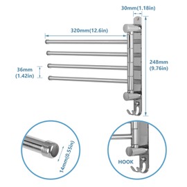 JSVER Stainless Steel Hand Towel Rail Bathroom Swivelling 4 Arms Towel Rail Wall Mounted 32 cm Towel Rail Brushed for Kitchen, Toilet, Wardrobe and Bathroom