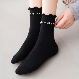 Fasele Women's Crew Socks, JK, Lace, Floral Pattern, Uniform, Girls, Pearl, Cotton, Soft, Breathable, Stylish, Cute, For School Commutes, Work, Spring, Autumn, Winter, 8.7 - 9.8 inches (22 - 25 cm),