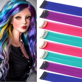 Rhyme Colored Hair Extensions Clip in For Women Hair Accessories Wig Hairpieces birthday Cosplay Hairstyles 8 Pieces (Pink Purple Blue Teal)
