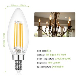 Sigalux Candelabra Light Bulbs,Dimmable E12 LED Bulbs,60W Equivalent,Efficien 5W,2700K Soft White,450LM,Vintage Chandelier Led Bulbs,Candle Filament Clear Glass Bulbs ETL Listed,12 Packs