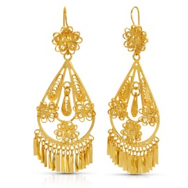 Folklorico Mexican Filigree Gold Earrings - Traditional Jewelry from Oaxaca, Flower Tear Drop, Mexican Earrings