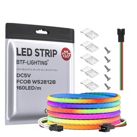 BTF-LIGHTING FCOB COB XGB1338(WS2812B) IC RGB 160LED/m 480IC LED Strip DC5V 9.8FT Individual Addressable Flexible High Density Uniform Light Dream Chasing Color 0.19in Width(NO Adapter or Controller)