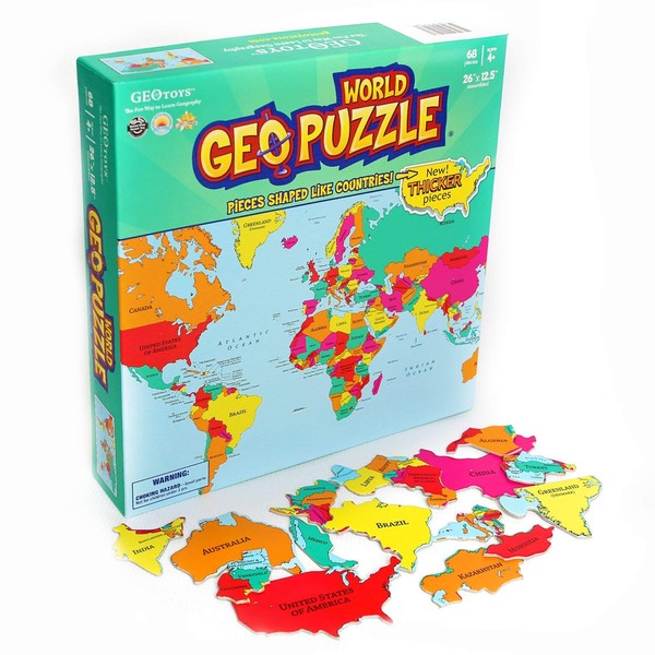 GeoToys — GeoPuzzle World — Educational Kid Toys for Boys and Girls, 68 Piece Geography Jigsaw Puzzle, Jumbo Size Kids Puzzle — Ages 4 and up