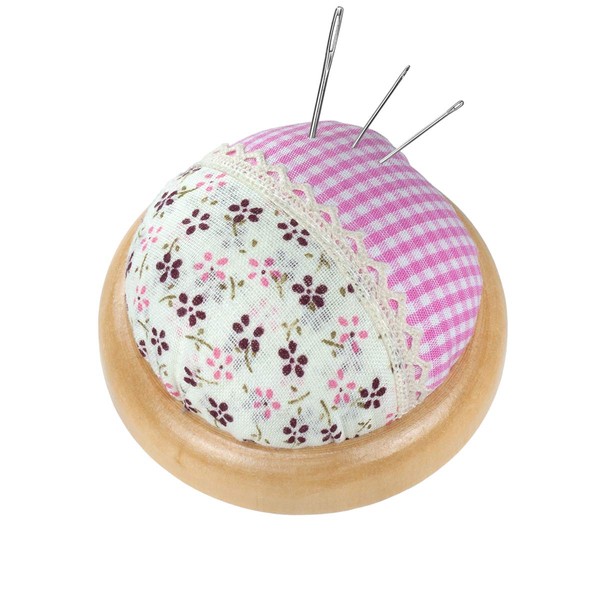 Floral Vintage Pin Cushion with Light Wooden Plate Diameter 7 cm Checked and Floral Pink