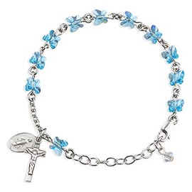 Glass Butterfly Bead Rosary Bracelet with Miraculous Medal and Crucifix, 7 1/2 Inch