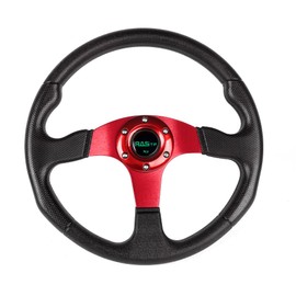 RASTP Universal Racing Steering Wheel 13.8”/350mm 6 Bolts Grip Vinyl Leather & Aluminum with Horn Button for Car-Red