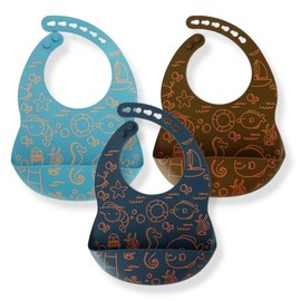 Set of 3 Silicone for Babies - Waterproof, Soft, Unisex Baby Bibs for Eating, 10-72 Months - Blue, Brown, Light Blue Silicone Bibs