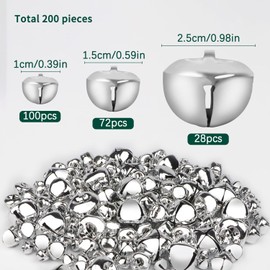 YiYa 200Pcs Christmas Jingle Bells Small Silver Bells Craft DIY Bells, for Christmas Festival Decoration Jewelry Making Wreath Holiday Home Decoration (1CM, 1.5CM, 2.5CM)