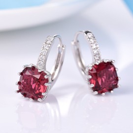 GULICX 925 Sterling Silver Red Huggie Hoop Earrings Garnet Color Princess Cut Square Stone Zircon