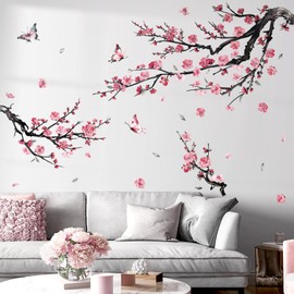 decalmile Watercolor Pink Flower Branch Wall Decals Blossom Tree Branches Floral Wall Stickers Living Room Bedroom Sofa TV Background Wall Decor