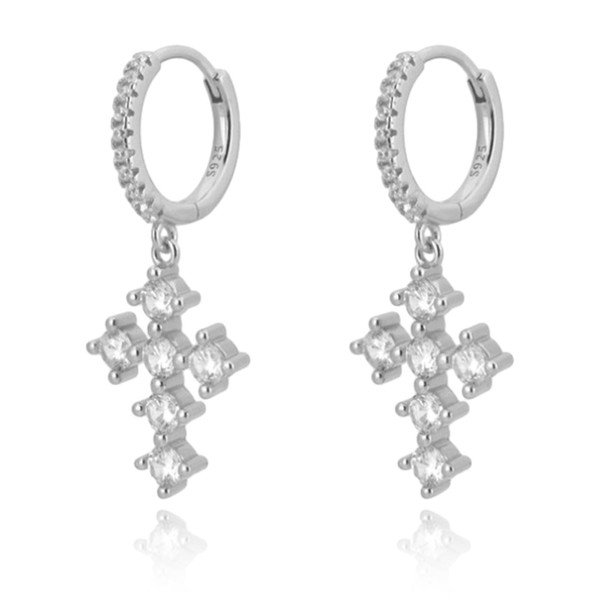 Silver Dangle Hoop Earrings for Women, S925 Sterling Silver Cross
