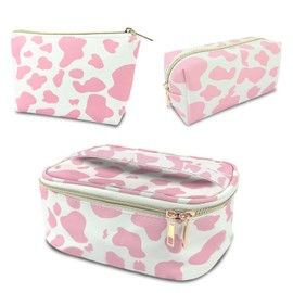 Deokke 3Pcs Makeup Bag,Travel Makeup Bag,Makeup Bags for Women,Makeup Brush Bag,Large Capacity PU Cosmetic Bag,Waterproof and Durable-Pink Cow Pattern