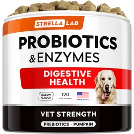 STRELLALAB Vet Strength Dog Probiotics Treats - 1 Billion CFU + Digestive Enzymes + Prebiotics - Chewable Fiber Supplement w/Pumpkin - Allergy, Diarrhea, Gas, Constipation, Upset Stomach Relief