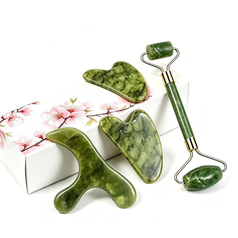 Gua Sha Facial Tool and Jade Roller Set for Face