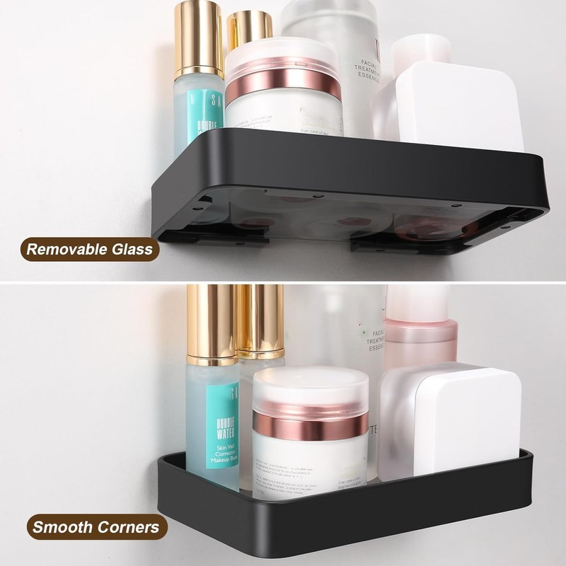 Z metnal Small Glass Bathroom Shelves, Matte Black Floating Shelf,