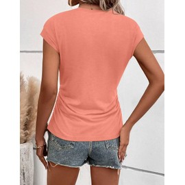 Bliwov Womens Summer Tops Cap Sleeve Business Casual Ruched T Shirts Trendy Basic Crewneck Outfits Beach Vacation Clothes M Coral