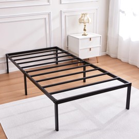 Heavy Duty Metal Bed Frame Twin Size 38" W 75" L 14" H inch with Storage Mattress Foundation Steel Slats Platform Easy Assembly Black