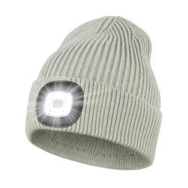 Wmcaps Unisex Hat with Light, USB Rechargeable LED Beanie, Winter Warm Knitted Headlamp Hat Gifts for Men Him Dad Husband Silver Grey