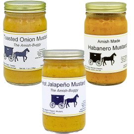 Amish Mustard Assortment - Three 7 Oz Jars - Habenero, Roasted Garlic & Mild Jalapeno