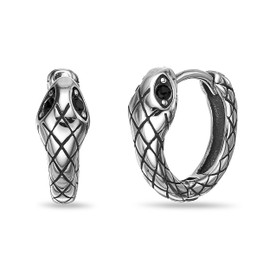 Metro Jewelry Snake Hoop Earrings for Men and Women - Stainless Steel Textured Earrings with Black Cubic Zirconia - 1.8mm Unisex Hinged Hoops - Vintage Inspired Jewelry