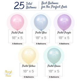 25 Extra Large Pastel Balloons for Parties - 18 Inch Giant Jumbo Balloons Bulk Pack - Big Assorted Blue, Purple, Yellow, Green and Pastel Pink Balloons for Unicorn, Easter, Matte, or Macaron Party