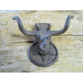 Vintage Cast Iron Antique Style Rustic LONGHORN STEER Door Knocker Western Cowboy COW