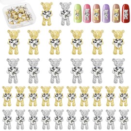 Bear Nail Art Rhinestones, UHOMENY 3D Shiny Alloy Bear with Heart Crystal Bear Shaped DIY Nail Art Decoration Luxury Jewelry Diamond Manicure Nail Ornaments with Plastic Box (Silver&Gold 32)