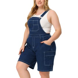 Agnes Orinda Plus Size Overall Shorts for Women Jumpsuit Adjustable Strap Bib Cargo Pocket Jean Denim Overalls 2X Dark Blue