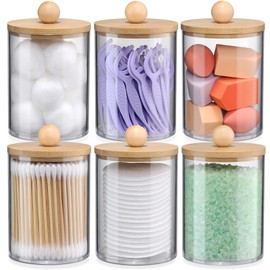 VITEVER 6-Pack Bamboo Qtip Holders - Bathroom Storage for Cotton Balls, Swabs, Pads, Floss