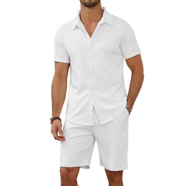 MLANM Men's 2 Piece Outfit Summer Short Sleeve Button Down Shirts and Shorts Sets with Pockets L-White