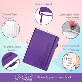 GoGirl Salon Appointment Book – Reservation Book for Beauty Salons, Spas, Hair Stylists, Estheticians – Appt Booking Planner, 18x25.5cm (Purple)