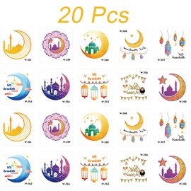 20 Pcs Eid Mubarak Temporary Tattoos Ramadan Tattoo Sticker Waterproof Moon Star Castle Fake Tattoo Stickers for Ramadan Mubarak Party Face Kids Women Girls Body Art Decor