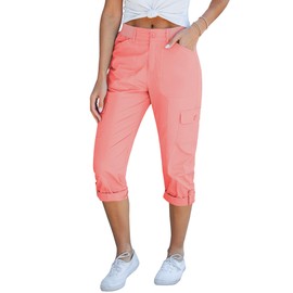 GRAPENT 2025 Summer Pull On Cotton Capri Pants for Women High Waisted Relaxed Fit Elastic Knit Waist Casual Capris Trousers Cropped Pants Pink Color XX-Large Size 20 to 22