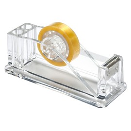OSCO Clear Acrylic Tape Dispenser with Clear Adhesive Tape & Built-in 2 Pen Slots, Stylish Heavy-Duty Desk Accessory for Home Office, Modern Workstation, Single