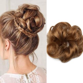 Silk-co Curly Hair Bun Extensions Real Remy Human Hair Messy Scrunchie Updo Donut Ponytail Extensions Chignons #06 Light Brown