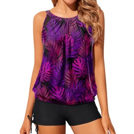 Yonique Tankini Swimsuits with Shorts - Tummy Control Two Piece Blouson Bathing Suits High Neck Swimwear Purple Leaf Large