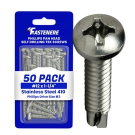 #12 x 1-1/4" Pan Head Self Drilling Tek Screws, Full Thread, Phillips Drive, Stainless Steel 410, Bright Finish, Self-Drilling, Quantity 50 Pieces by Fastenere