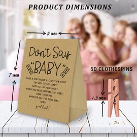 Don't Say Baby Game For Baby Shower Clothespin Game, One 5x7 Kraft Sign And 50 Natural Clothespins, Minimal Style, Gender Neutral -NDSBB03